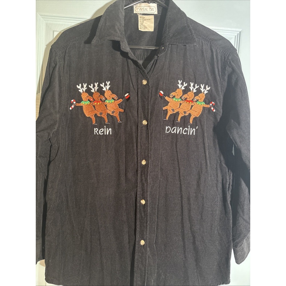 Vtg Womens Top Size Small Rein Dancin'‎ Black Corduroy Christmas Button Down